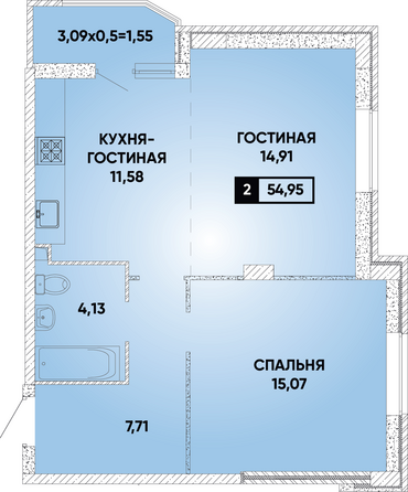 Планировка 2-комн 54,95 м²