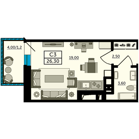 Планировка Студия 26,4, 26,42 м²