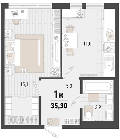 Планировка 1-комн 33,1, 35,3 м²