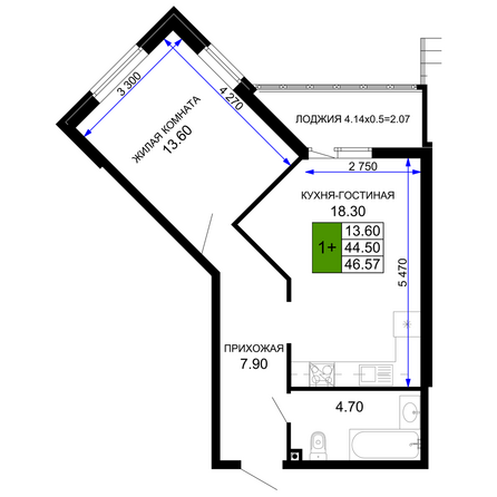 Планировка 1-комн 46,57 м²