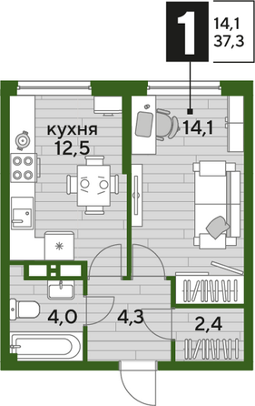 Планировка 1-комн 37,3 м²