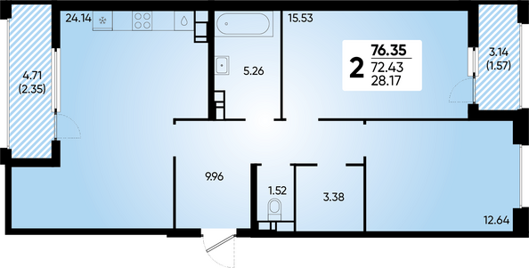 Планировка 2-комн 76,35 м²