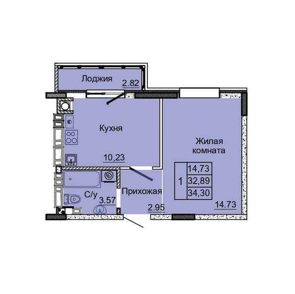 Планировка 1-комн 34,3 м²