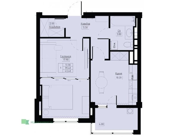 Планировка 1-комн 43,4 м²