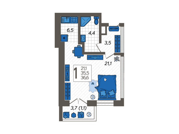 Планировка 1-комн 36,6 м²