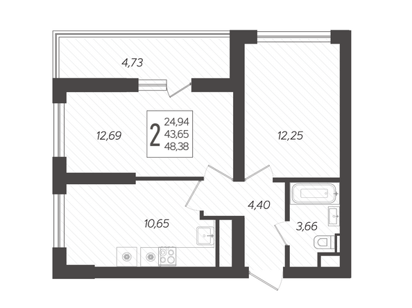 Планировка 2-комн 48,38 м²