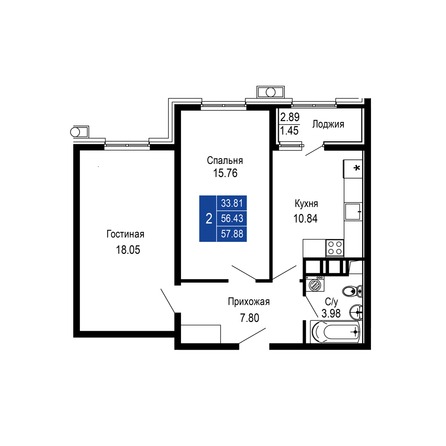 Планировка 2-комн 57,88 м²