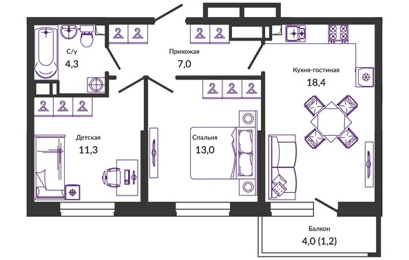 Планировка 2-комн 55,2 м²