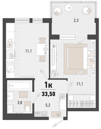 Планировка 1-комн 33,5 м²