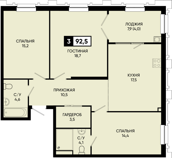 Планировка 3-комн 92,5 м²