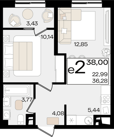 Планировка 2-комн 38 м²