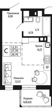 Планировка 1-комн 29,83 м²
