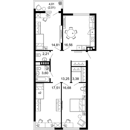 Планировка 3-комн 90,01 м²