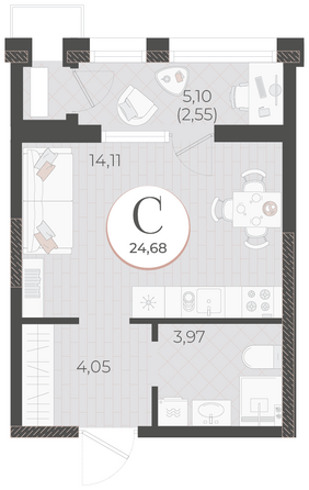 Планировка Студия 24,68 м²