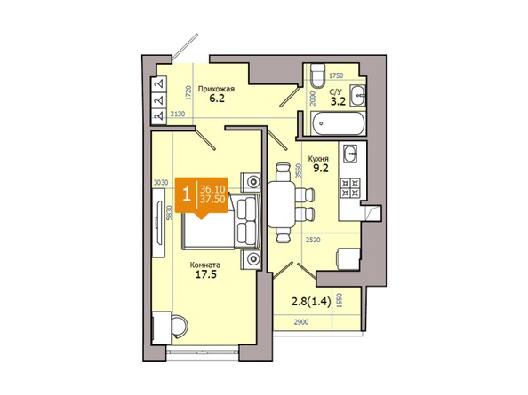 Планировка 1-комн 37,5 м²