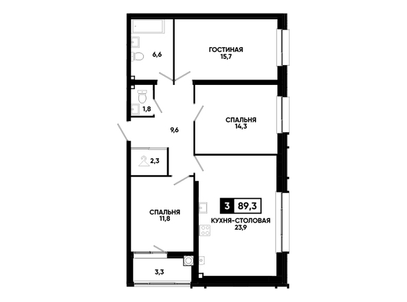 Планировка 2-комн 89,3 - 89,8 м²
