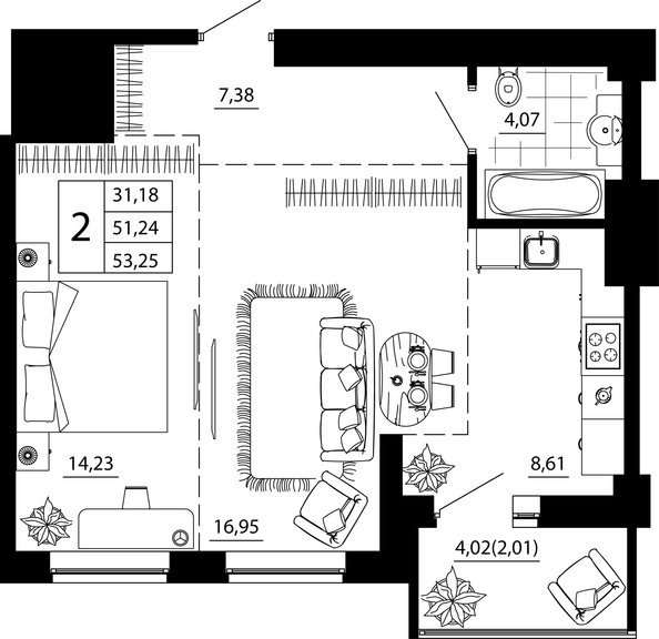 Планировка 2-комн 52,96 м²