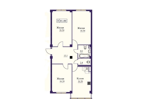 Планировка 3-комн 91,6 м²