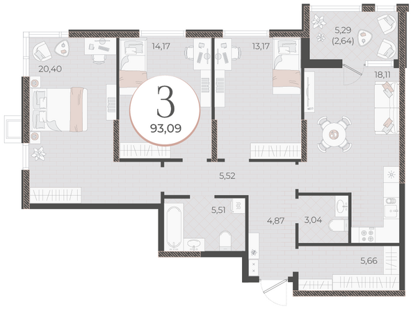 Планировка 3-комн 93,09 м²