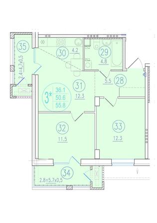 Планировка 3-комн 55,8 м²