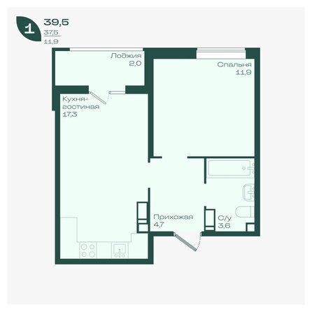 Планировка 1-комн 39,5 - 40,3 м²
