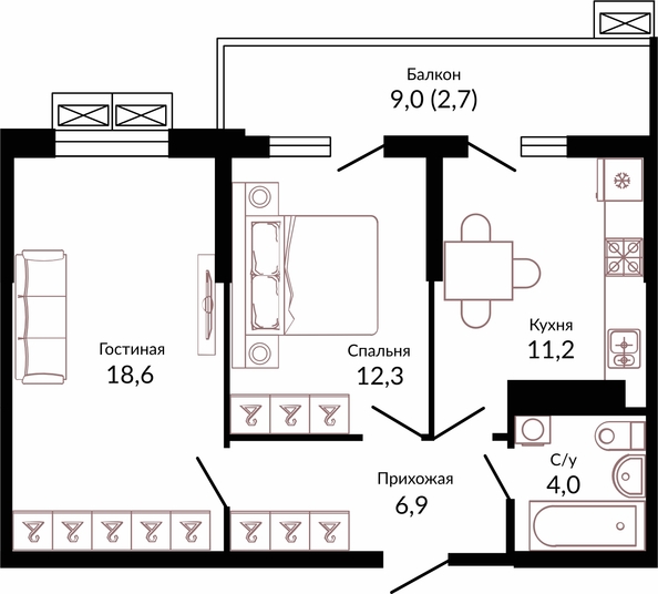 Планировка 2-комн 55,7 м²