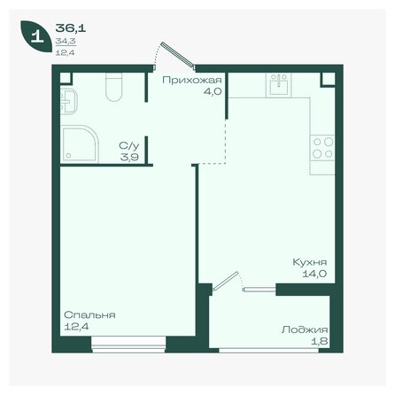 Планировка 1-комн 36,1, 36,2 м²