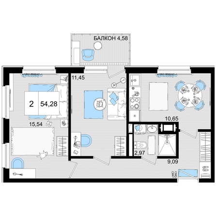 Планировка 2-комн 54,28 м²