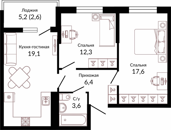 Планировка 2-комн 61,6 м²