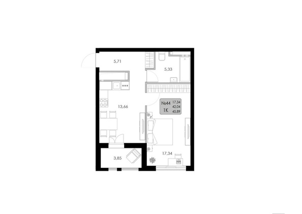 Планировка 1-комн 45,89 м²