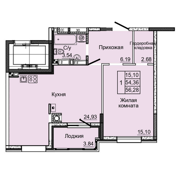 Планировка 1-комн 56,28 м²