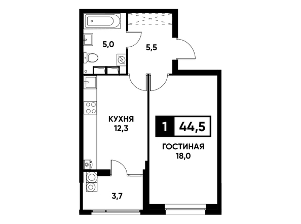 Планировка 1-комн 44,5 м²