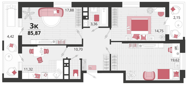 Планировка 3-комн 85,87 м²