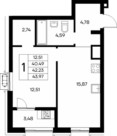 Планировка 1-комн 43,61 - 44,16 м²