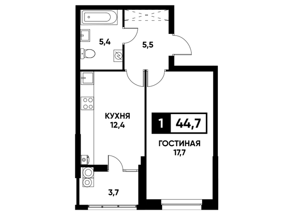 Планировка 1-комн 44,7 м²