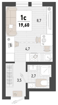Планировка 1-комн 19,6 м²