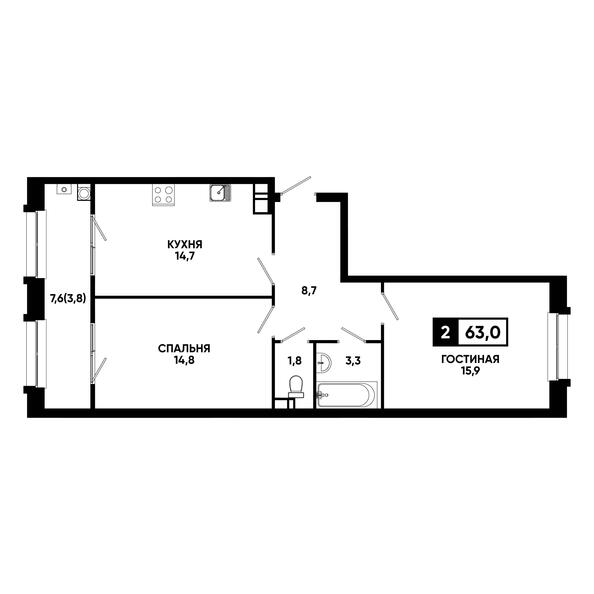 Планировка 2-комн 63, 63,4 м²
