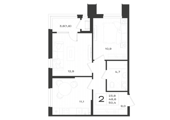 Планировка 2-комн 50,4 м²