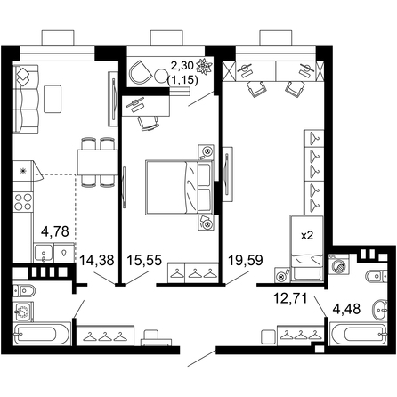 Планировка 3-комн 72,64 м²