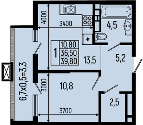 Планировка 1-комн 39,8 м²