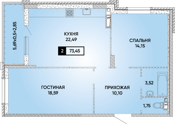 Планировка 2-комн 73,45 м²