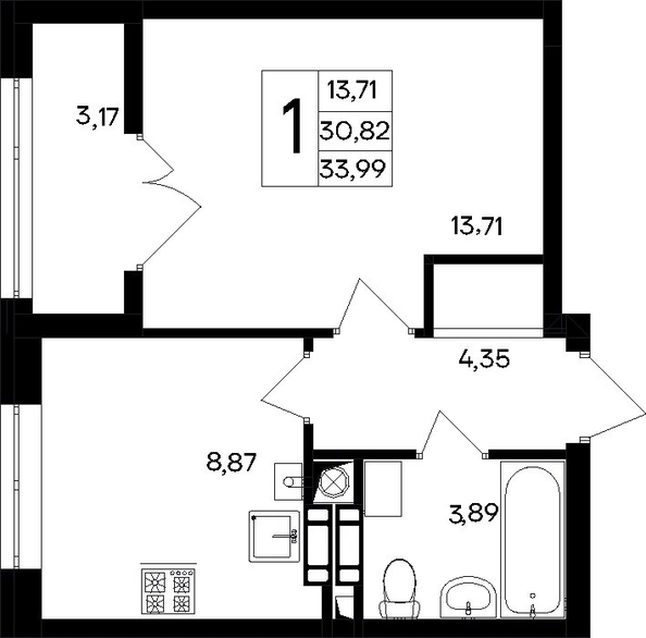 Планировка 1-комн 33,99, 34,39 м²