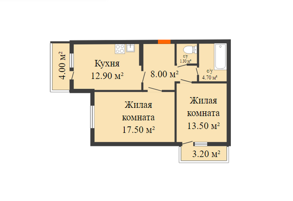 Планировка 2-комн 61,5 м²