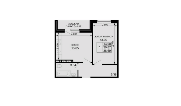 Планировка 1-комн 38,69, 38,98 м²
