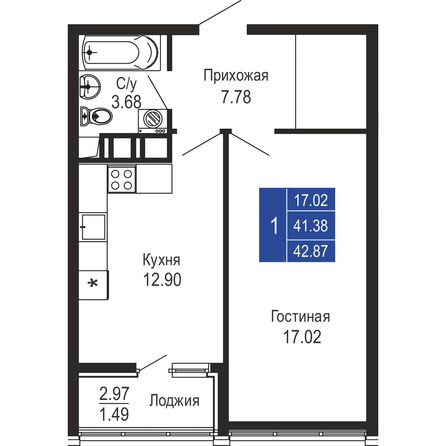 Планировка 1-комн 42,87 м²