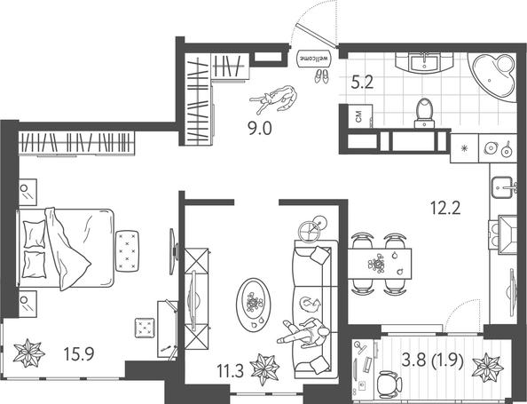 Планировка 2-комн 55,5 м²