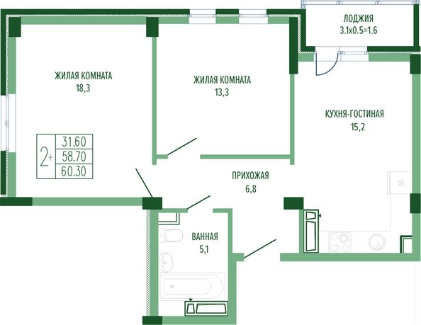 Планировка 2-комн 59,1, 60,3 м²