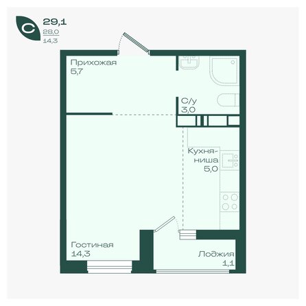 Планировка Студия 29,1 м²