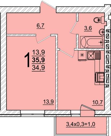 Планировка 1-комн 35,9 м²