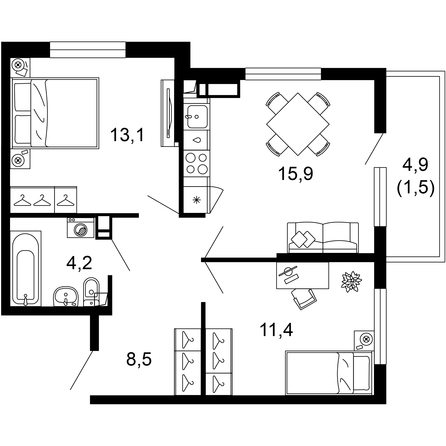 Планировка 2-комн 54,6 м²